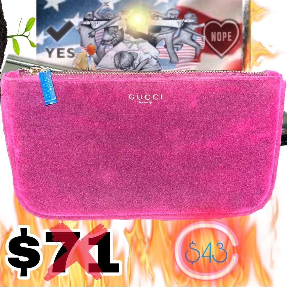 This is a Gucci beauty bag with elegant shoes of pink with a royal purple